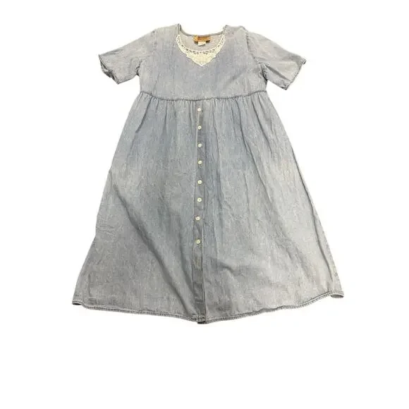 Vintage Studio Ease XL Blue Denim Chambray Lace Neckline Belt Maxi Dress - Picture 2 of 16